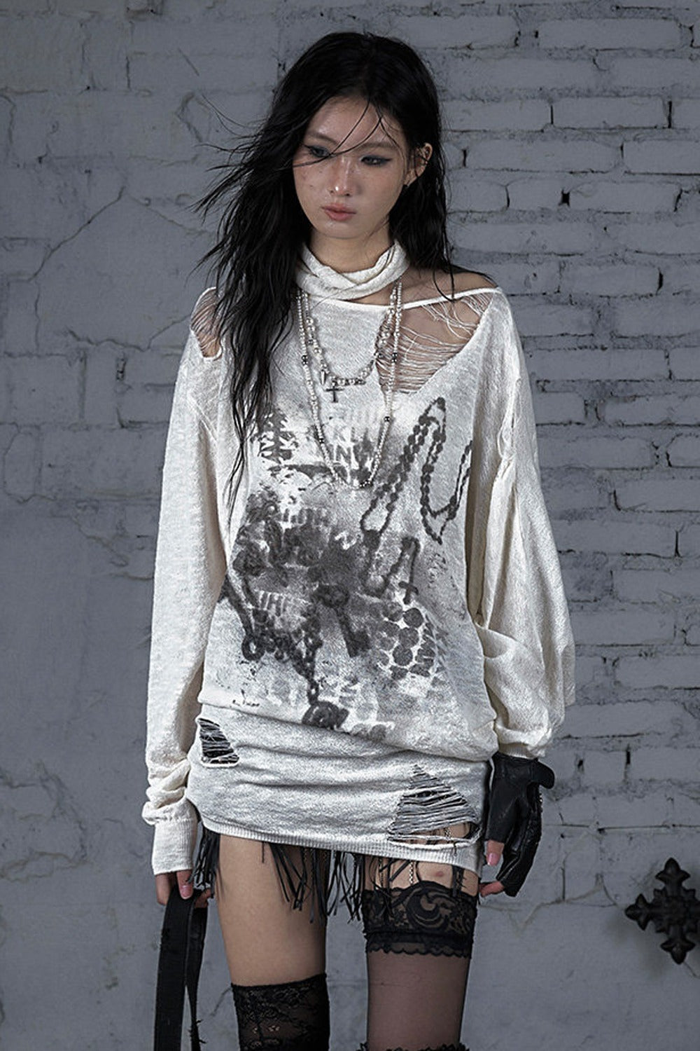 Ripped Off-Shoulder Punk Print Knit Top