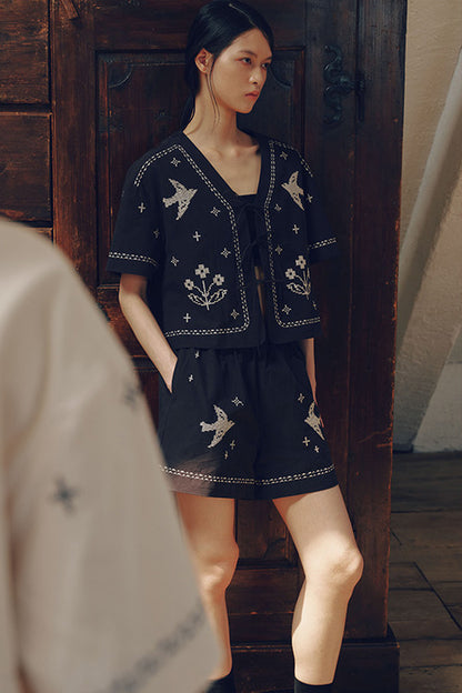 Bird Embroidered Cotton Linen Cardigan And Shorts Set-Up