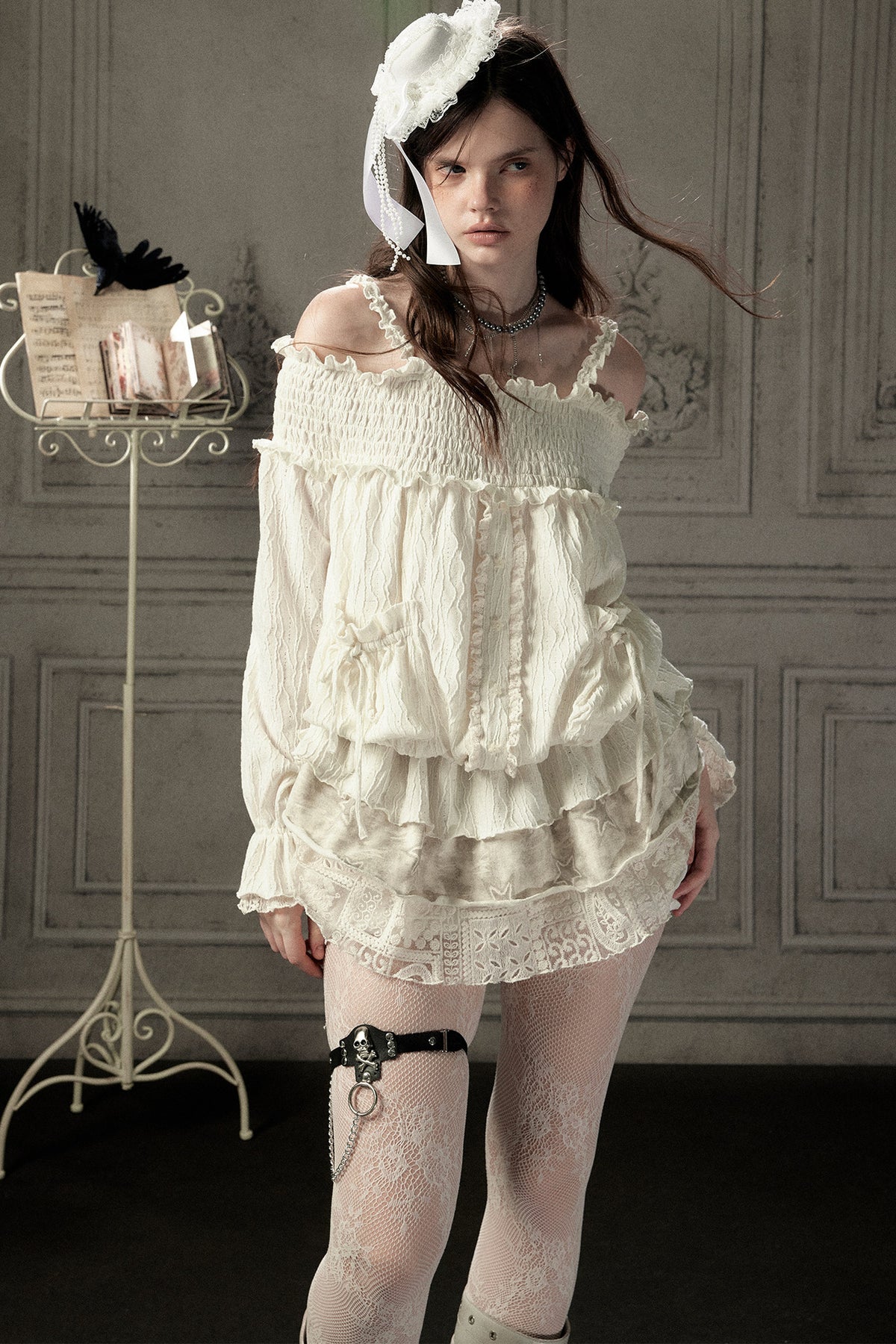 Beige Lace Off-Shoulder Dress