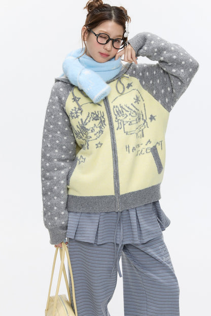 Polka Dot Raglan Zip Sweater