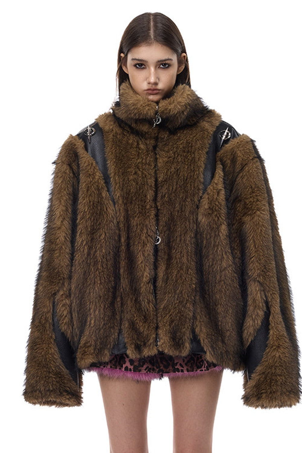 Y2K Leather Spliced Fur Jacket