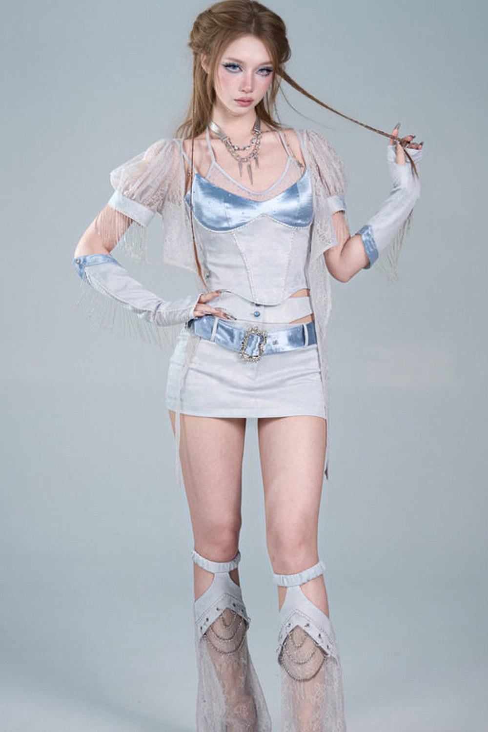 Y2K Lace Mesh Puff Sleeve Tie Cardigan Set-Up
