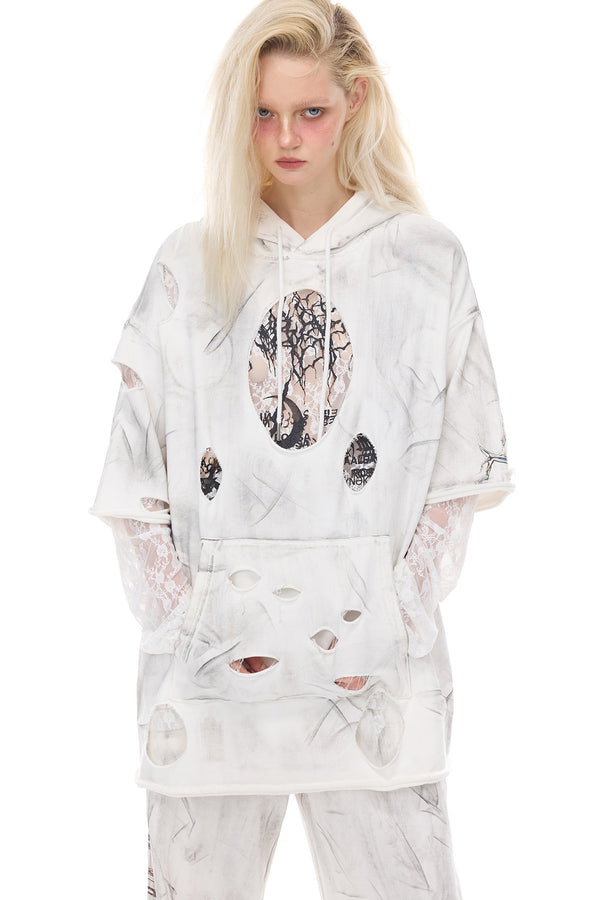 Loose Three-Dimensional Cut Ripped Hooded Sweatshirt
