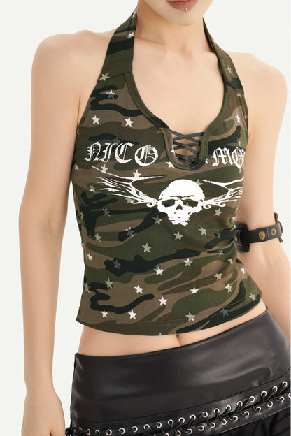 Neckholder-Tanktop mit Camouflage-Totenkopf-Print