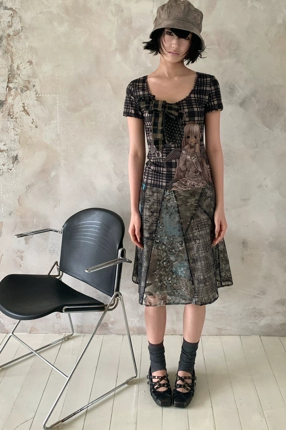 Asymmetrical Plaid Leopard Floral Midi Skirt