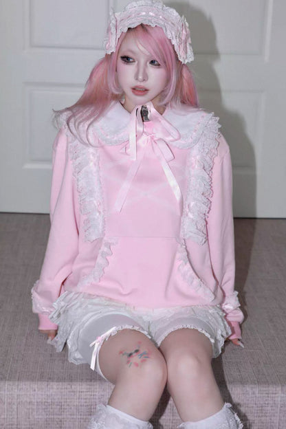 Bow Lace Trim Detachable Collar Sweatshirt and Leggings Set-Up
