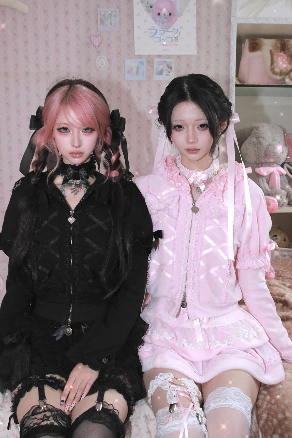 Black Cat Ear Sweatshirt Jacket and Pink Skirt Set-Up