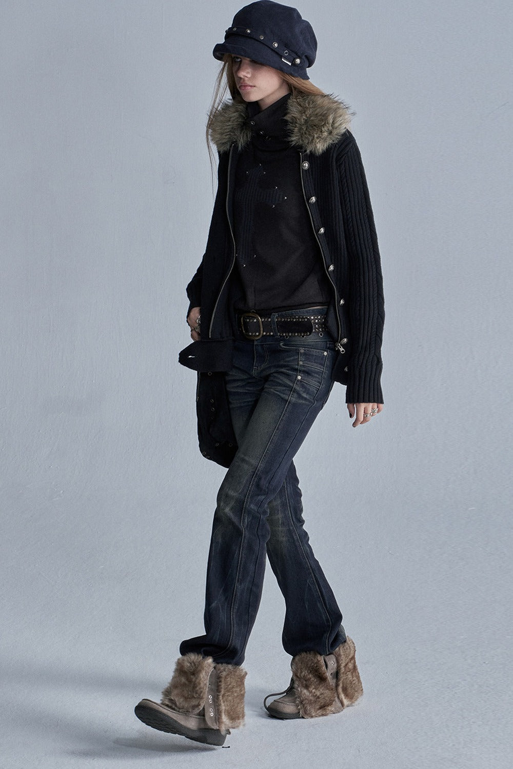 Asymmetrical Zipper Metal Buckle Cardigan