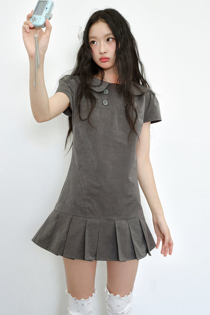 Gray Low-Waist Double-Breasted Patchwork Pleated Dress