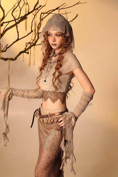 Wasteland Style Lace Camisole Hood Cape Sleeve Set-Up
