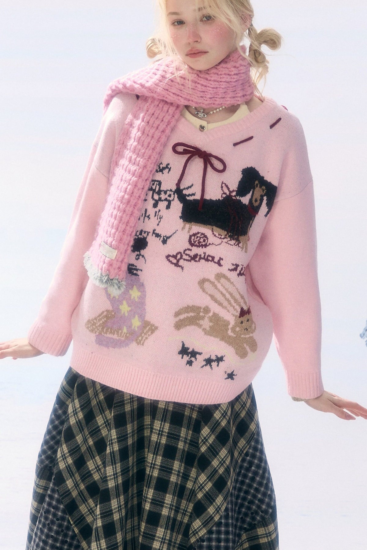 Pink Cartoon Print V-Neck Sweater
