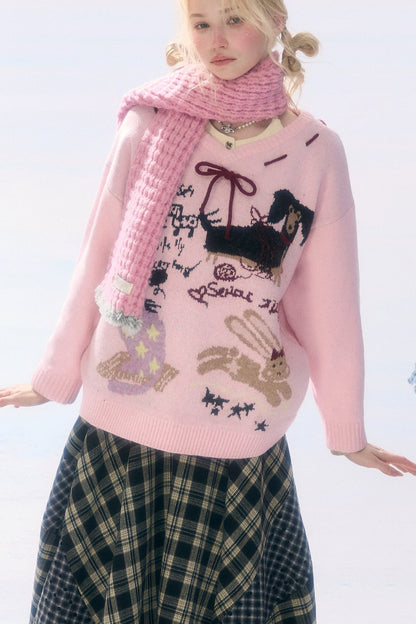 Pink Cartoon Print V-Neck Sweater