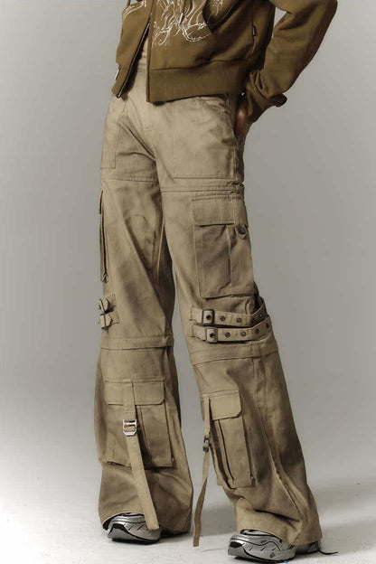 Detachable Washed Workwear Wide-Leg Pants