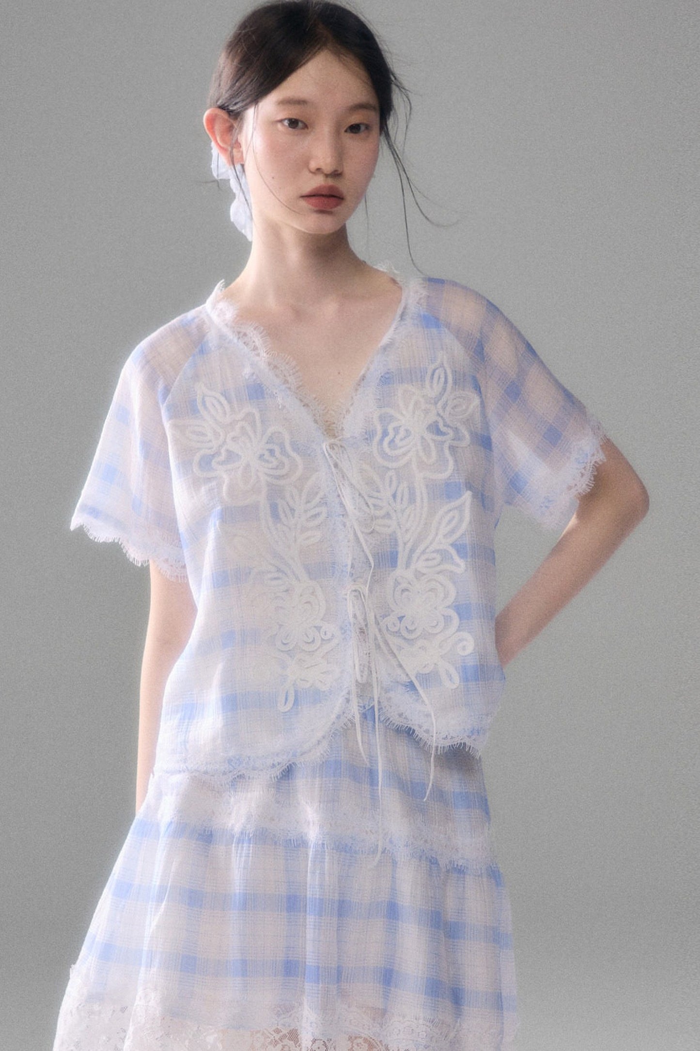 Blue White Checkered Lace Tencel Top Skirt Set-Up