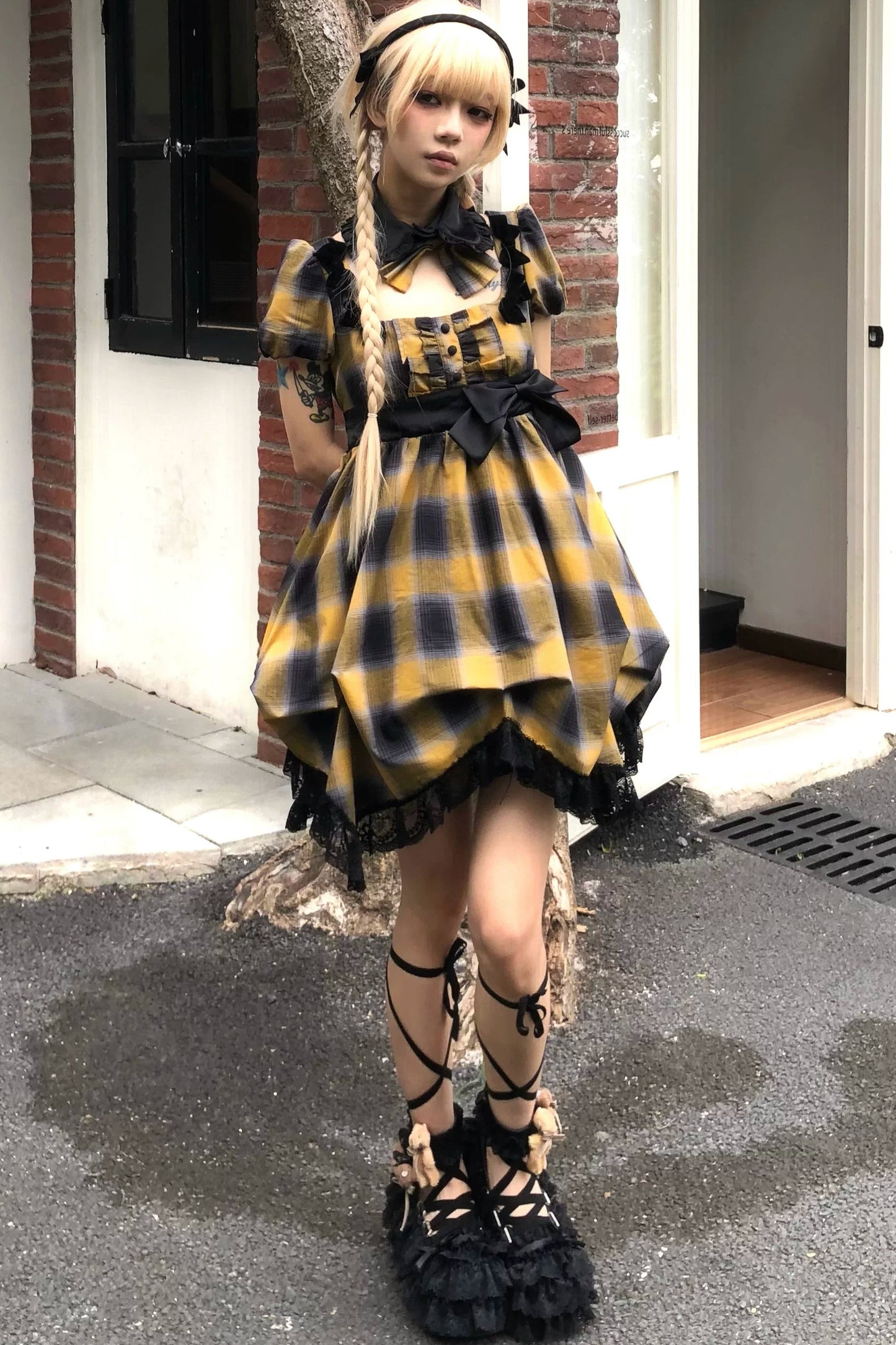 Yellow Plaid Puff Sleeve Dress Set-Up