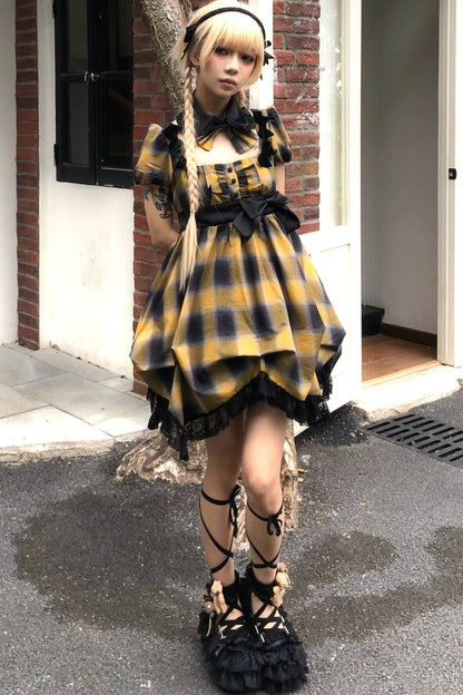 Yellow Plaid Puff Sleeve Dress Set-Up