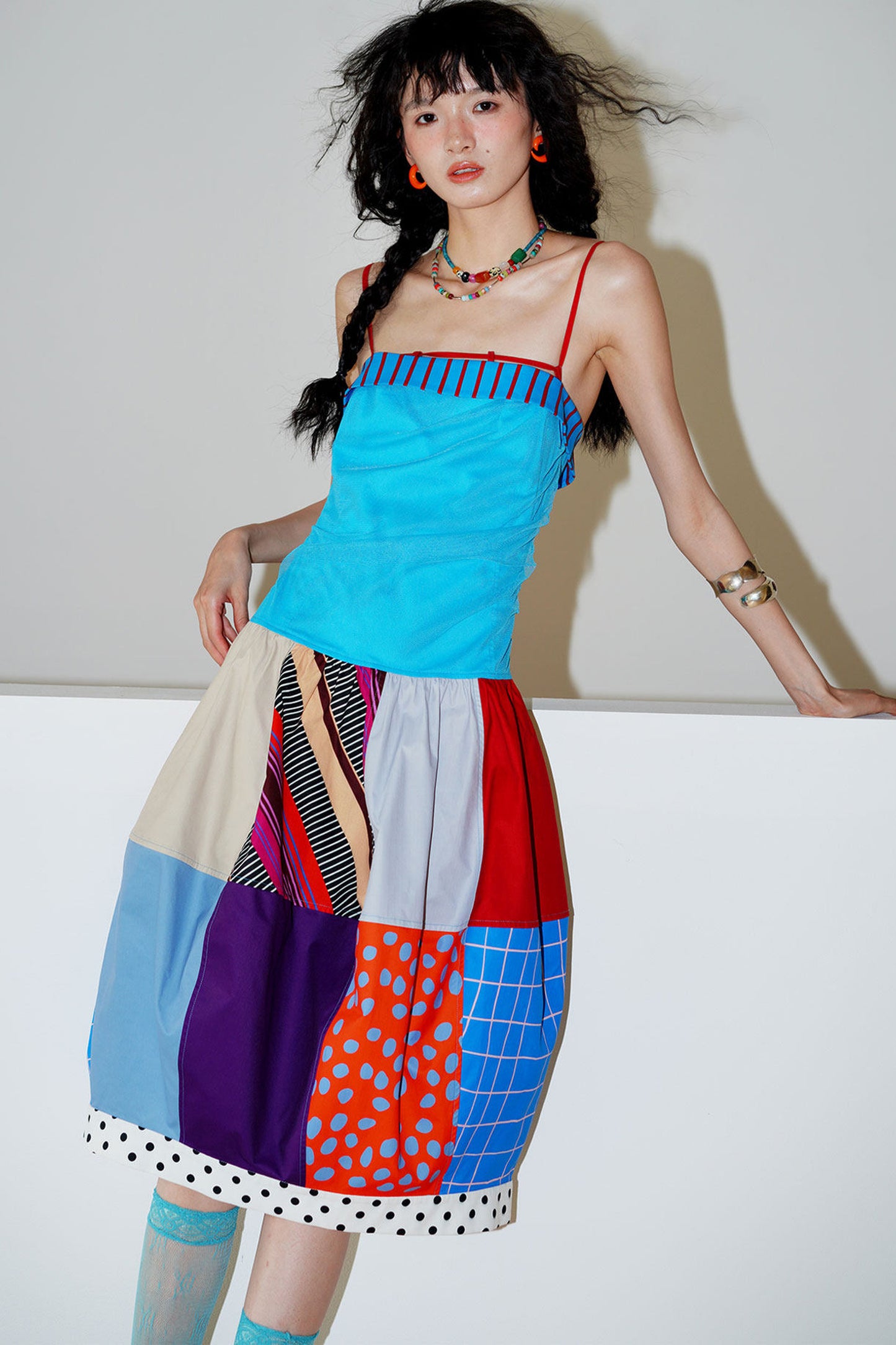 Patchwork Pleated Balloon Dress