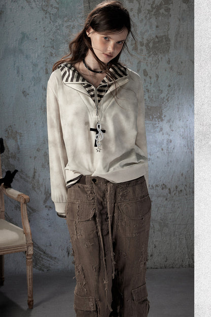 Felpa con cappuccio leggera tie-dye con mezza zip