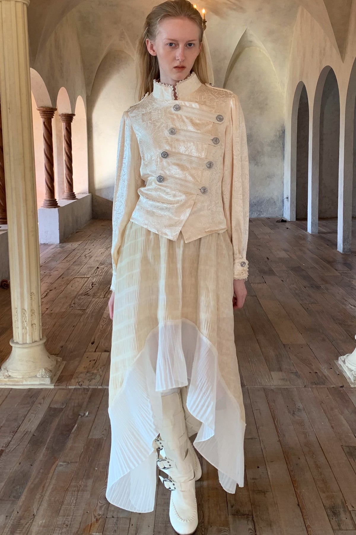 Beige Lace Stand Collar Jacket