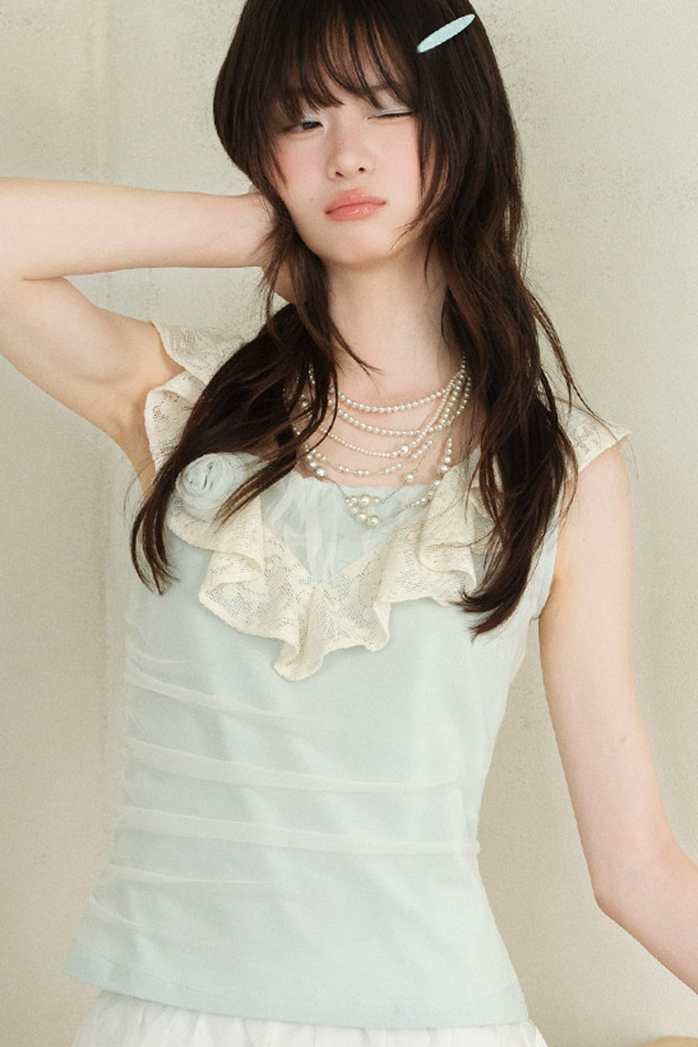 Green Sheer Overlay Ruffle Sleeveless Top