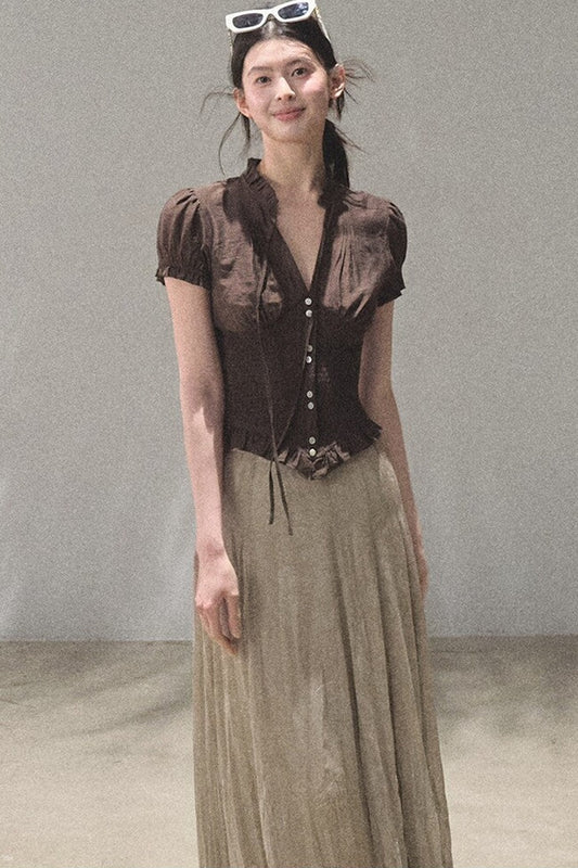 Retro Textured V-Neck Blouse