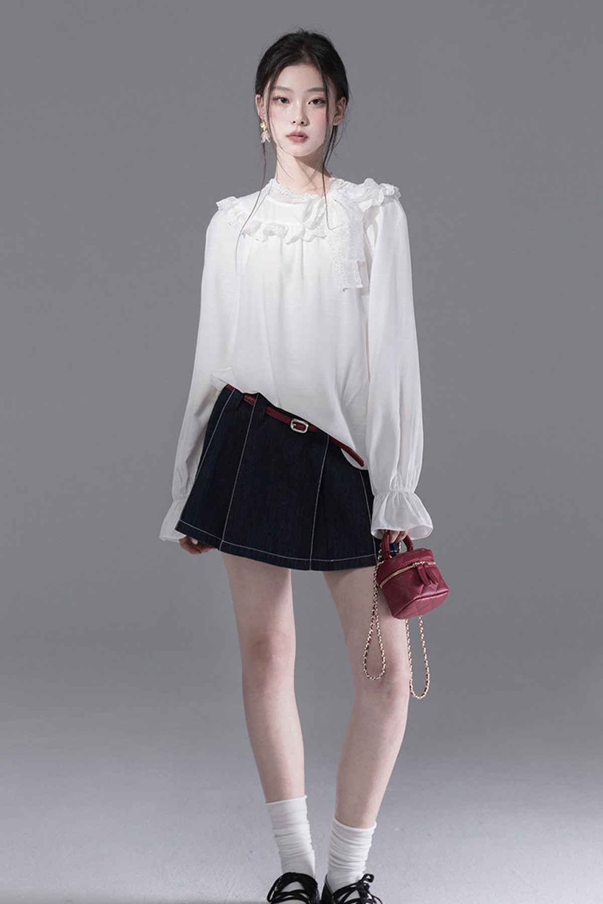 Cream Parfait Ruffle Collar Shirt and Dress Set-Up