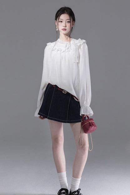 Cream Parfait Ruffle Collar Shirt and Dress Set-Up