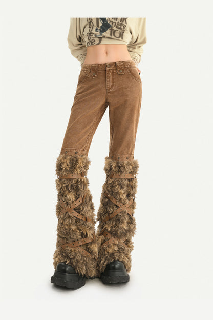 低腰絨毛喇叭褲