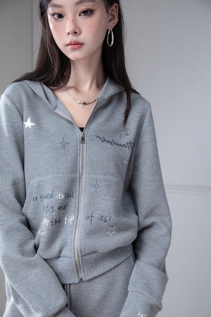 Printed Waffle Hooded Sweatshirt and Pants Set