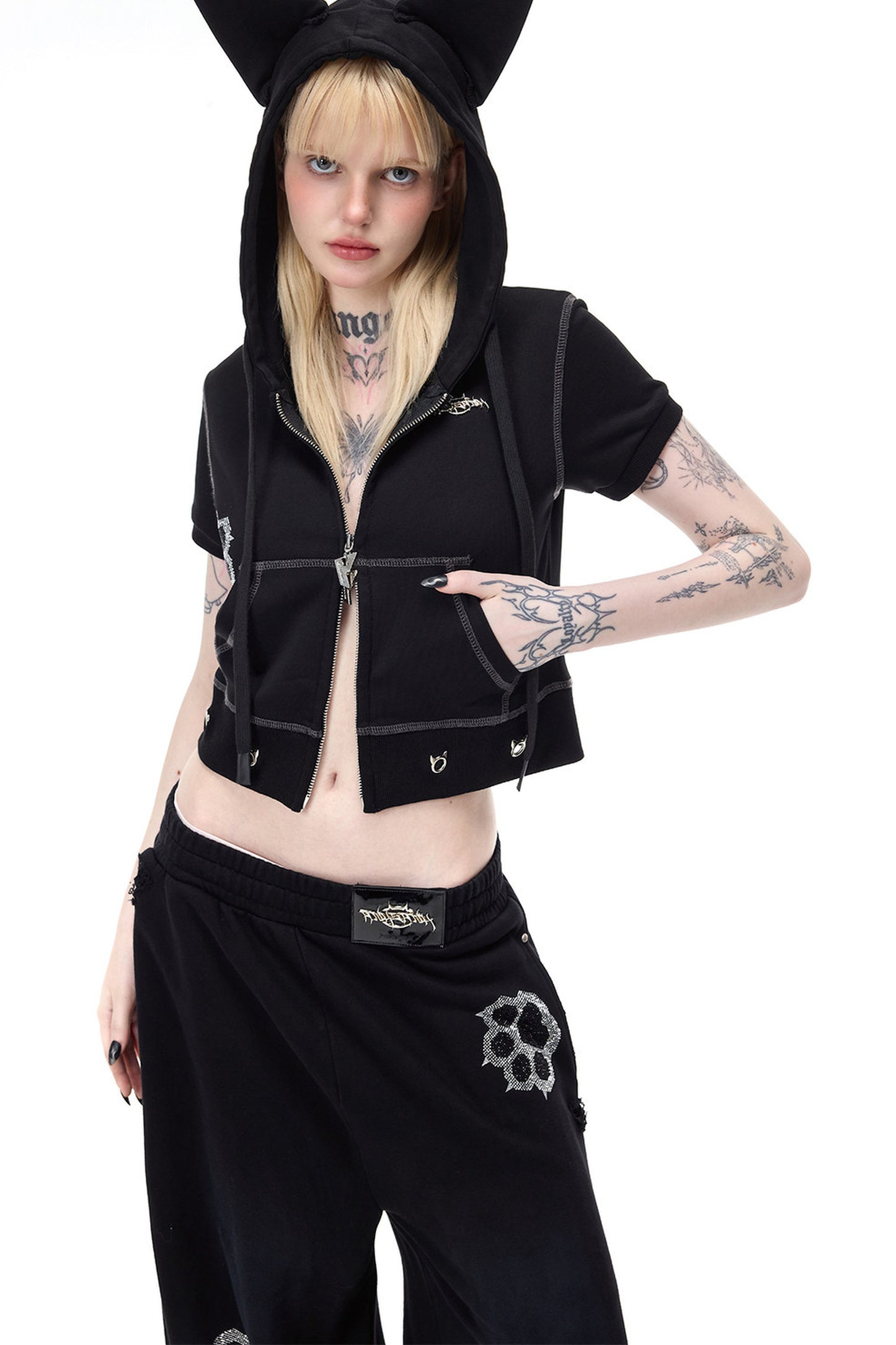 Cat Ear Rhinestone Hooded Cardigan