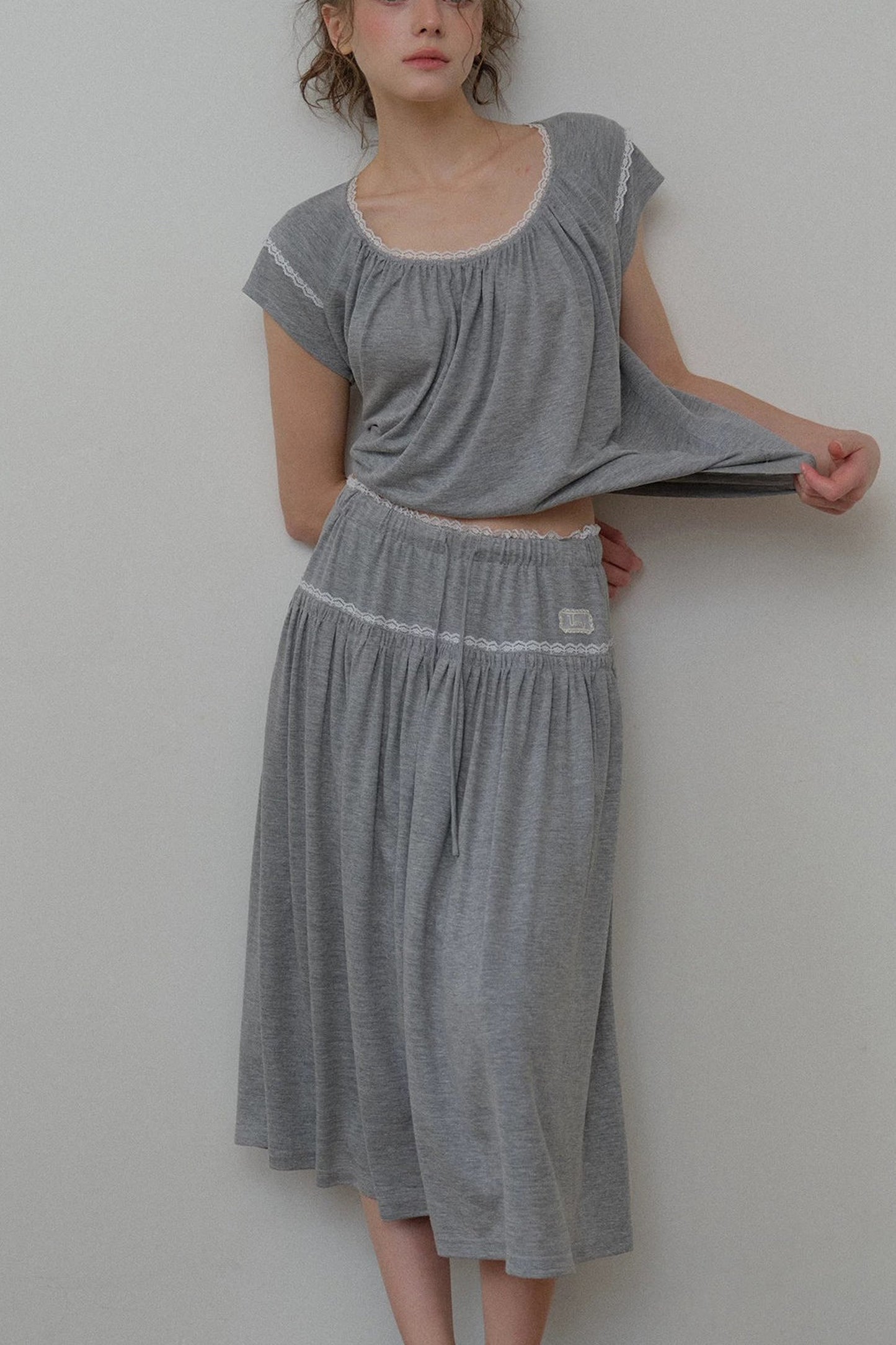 Gray Drawstring Lace Trim Midi Skirt