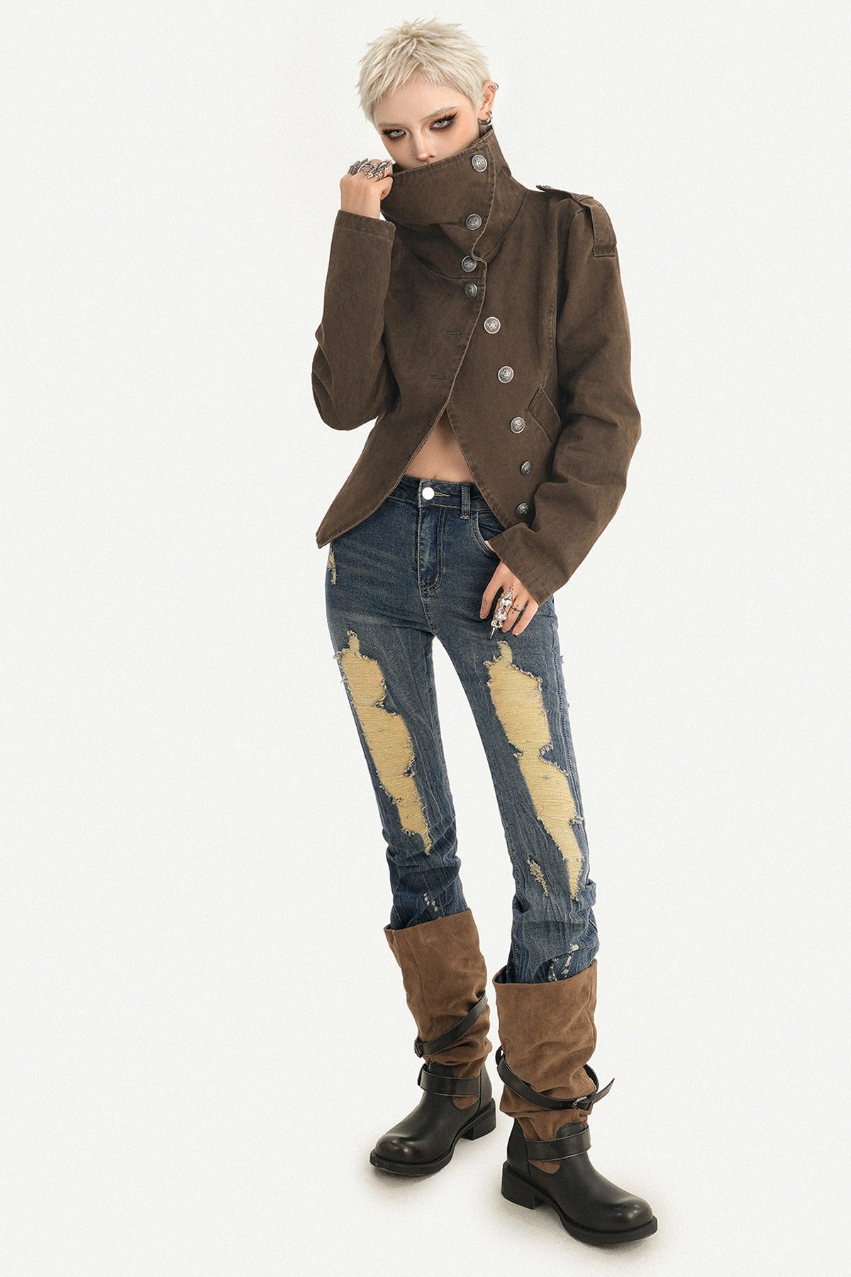 Punk Gothic Asymmetrical Diagonal Button Jacket