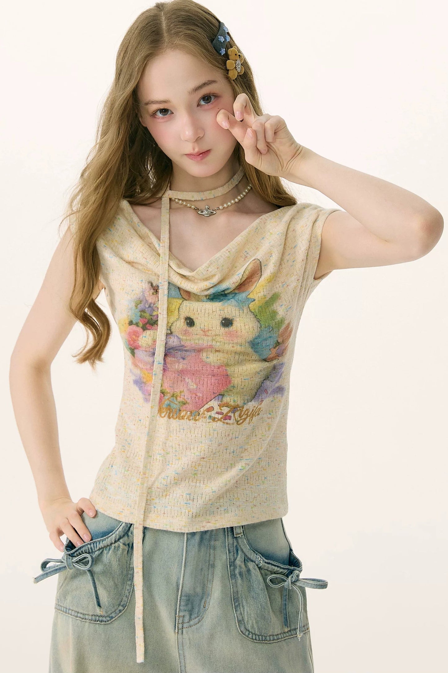 Rainbow Rabbit Knitted Off-Shoulder T-Shirt
