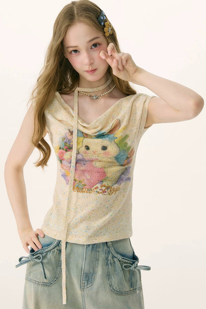 Rainbow Rabbit Knitted Off-Shoulder T-Shirt