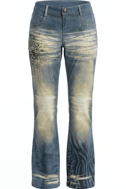 High-Stretch Washed Leopard Print Jeans