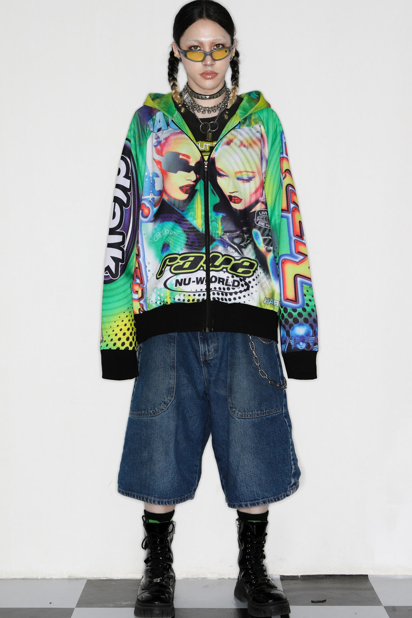 Y2K Alien Rave Print Hooded Jacket