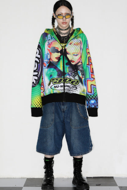 Y2K Alien Rave Print Hooded Jacket