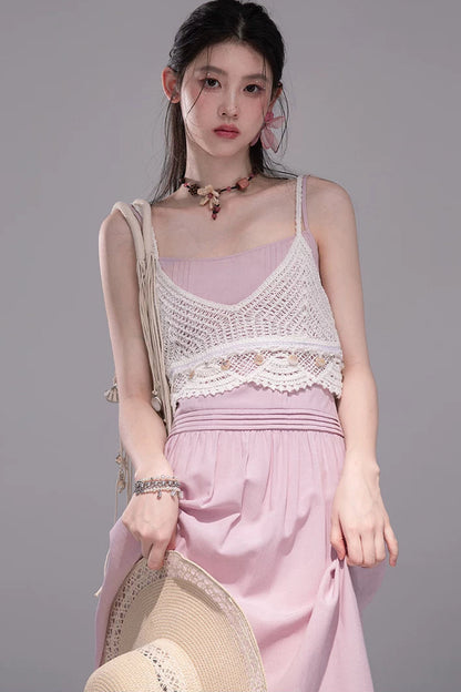 Peach Pink Crochet Dress Set