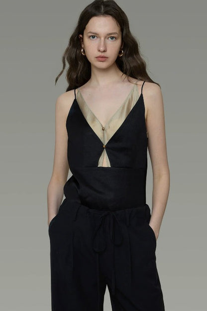 French V-Neck Color-Block Top