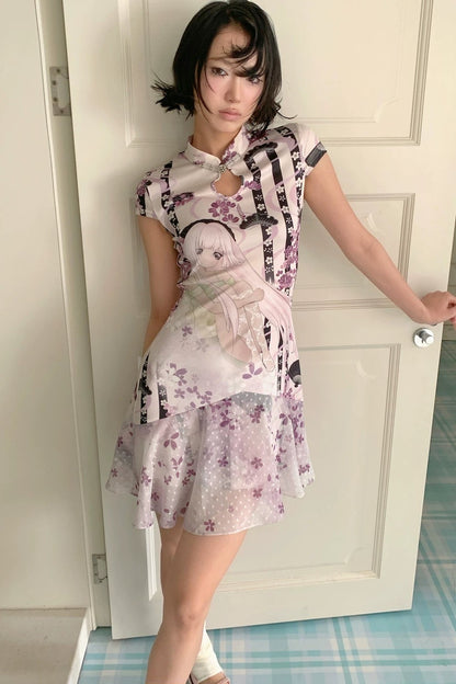 Lila Retro-Qipao-Kleid mit Blumenmuster