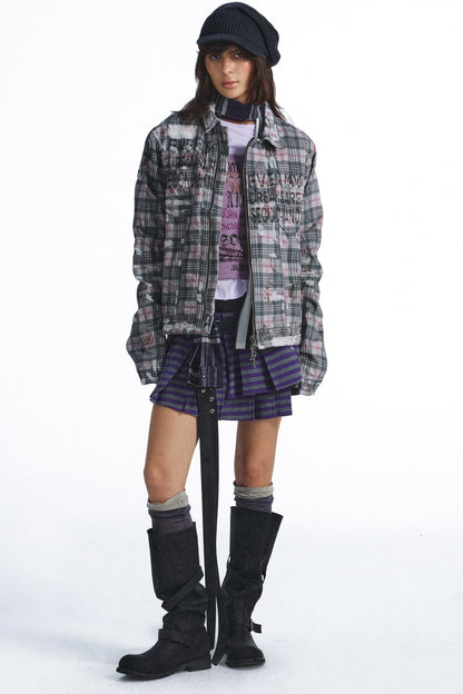 Plaid Graffiti Print Distressed Jacket