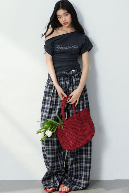 Navy Blue Plaid Wide-Leg Pants