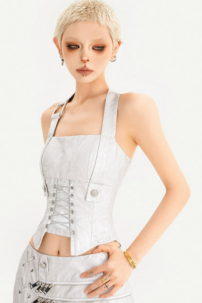 Silver Metallic Halter Corset Top and Skirt Set-Up