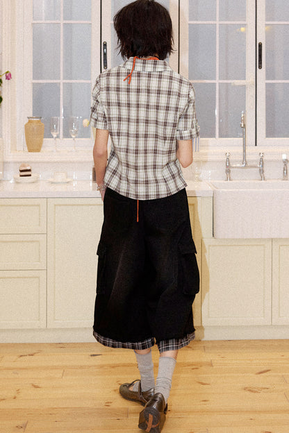 Color-Block Pocket Plaid Blouse