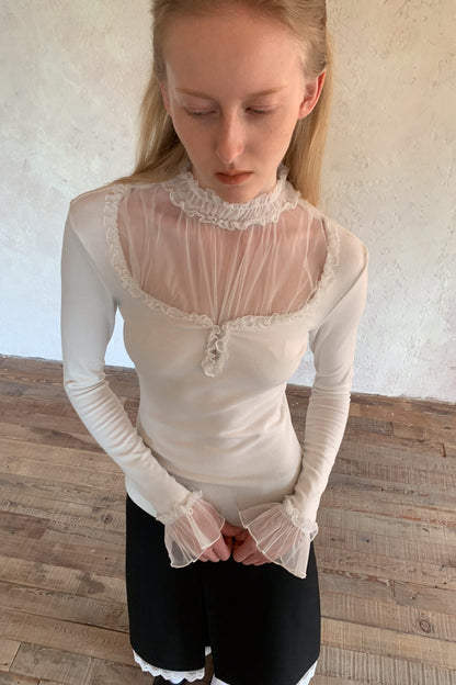 Mesh Ruffle Sleeve Knit Top
