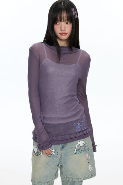 Sheer High Neck Ruffle Hem Top