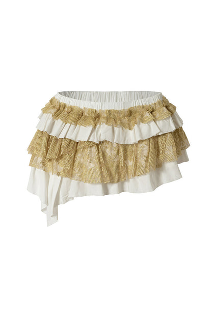 White Gold Tiered Ruffle Raw Edge Skirt