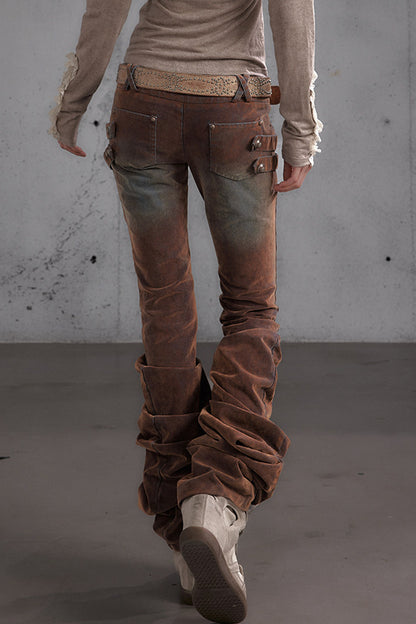 Punk Flocked Ruched Low-Waist Curved Leg Jeans
