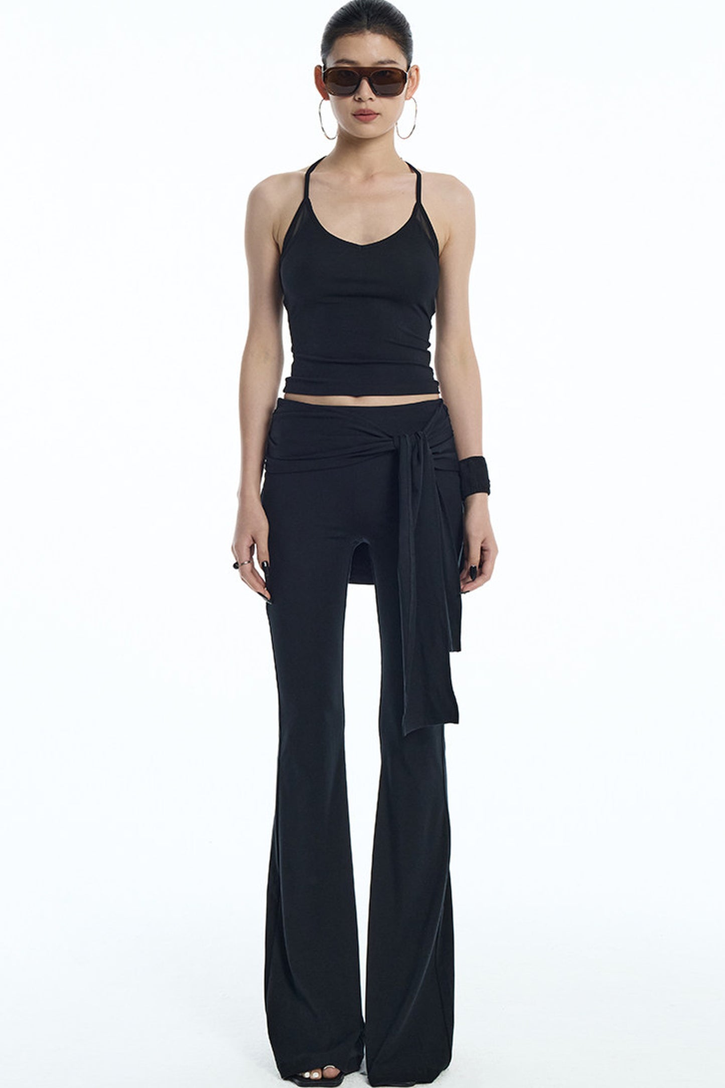 Black Mesh Halter Top And Flared Yoga Pants Set-Up