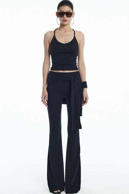 Black Mesh Halter Top And Flared Yoga Pants Set-Up